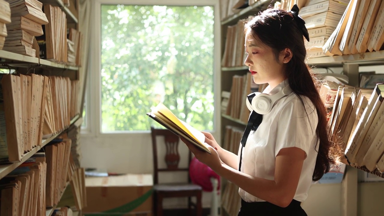 一个亚洲美女大学生在图书馆书架前阅读书籍视频素材
