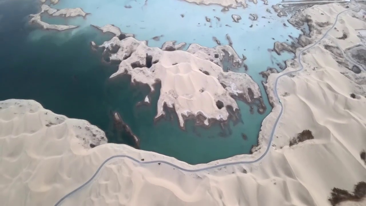 航拍南疆罗布人村寨沙漠里的湖泊视频素材