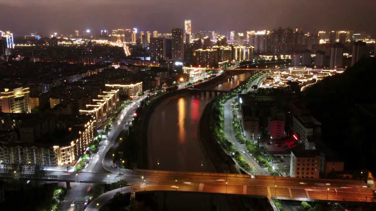 4K航拍城市夜景风光，街道，车流，路口，天空，河流视频素材