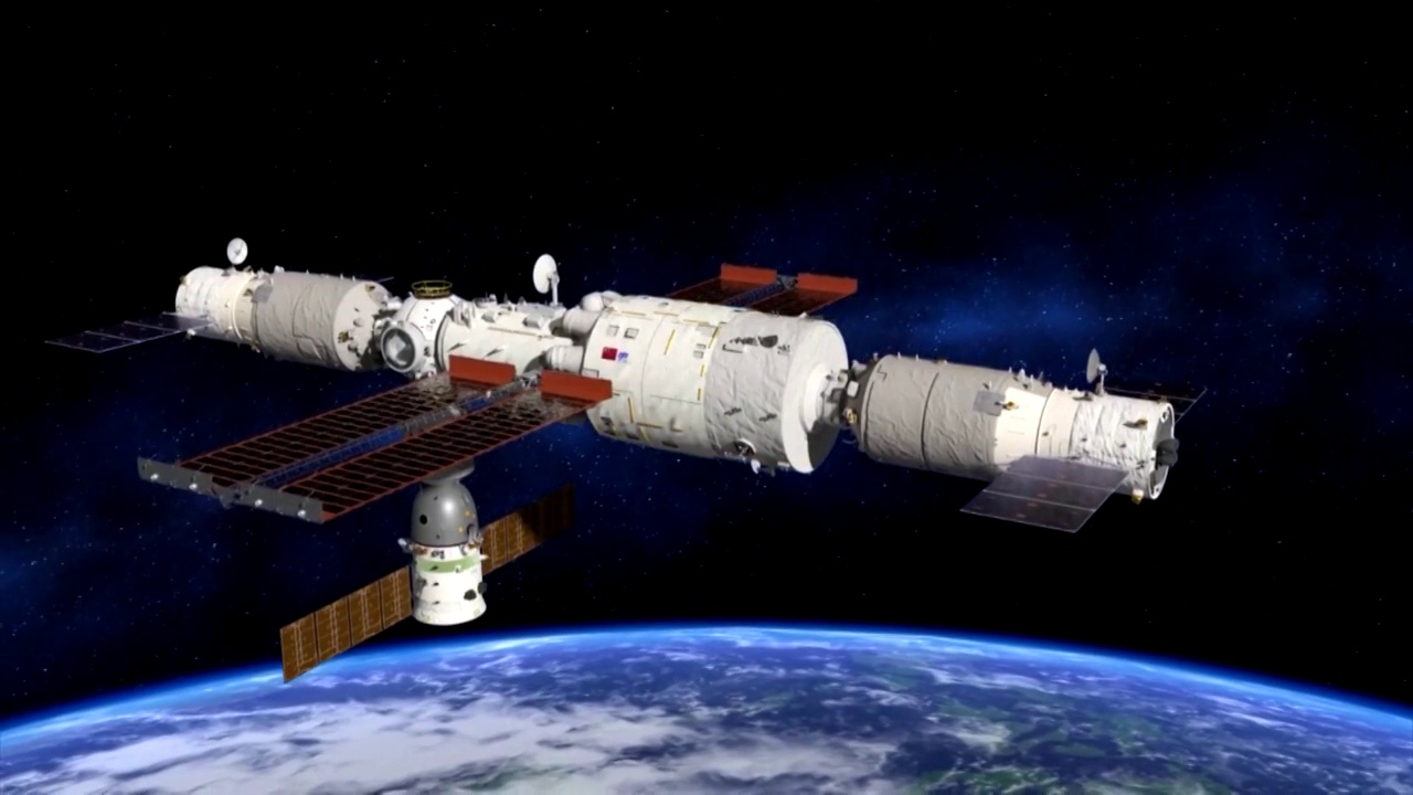 神舟十三号载人飞船与天和空间站对接模拟动画视频素材