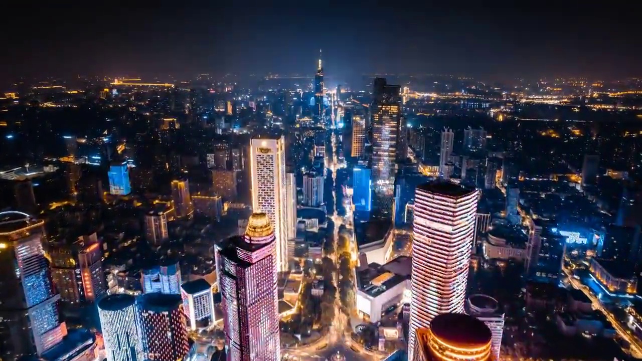 中国江苏南京中山路高楼城市天际线夜景延时摄影航拍视频素材