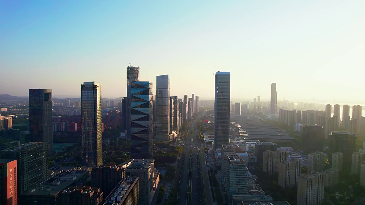 中国江苏河西CBD城市天际线航拍黄昏风光视频素材