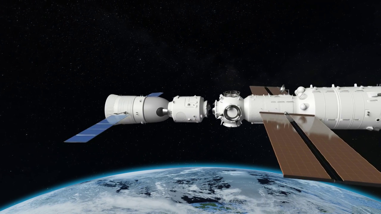 神舟载人飞船对接空间站模拟动画视频素材