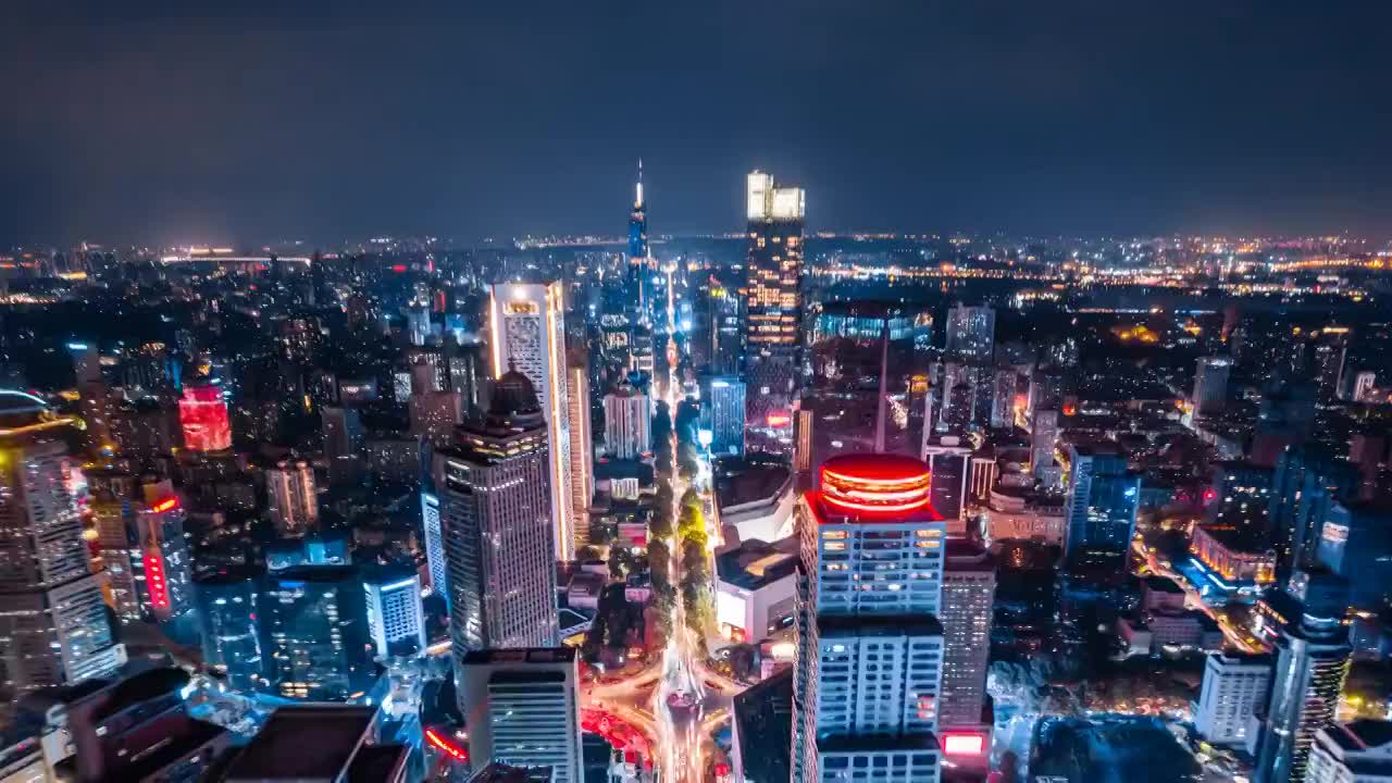 中国江苏南京中山路高楼城市天际线延时摄影夜景航拍视频下载