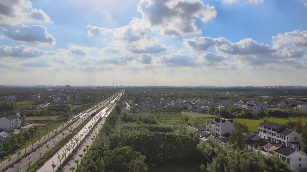 航拍上海浦东郊区多云天气视频素材