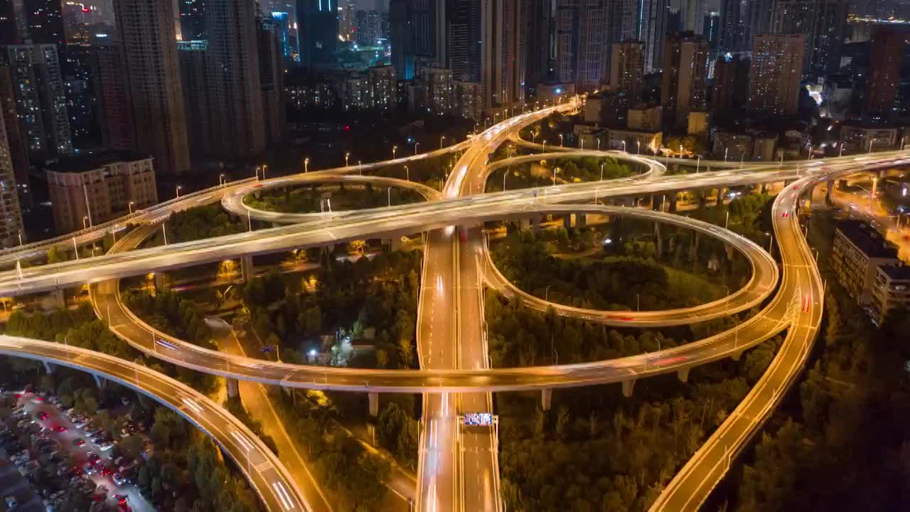 航拍4k武汉城市立交桥夜景车流延时视频素材
