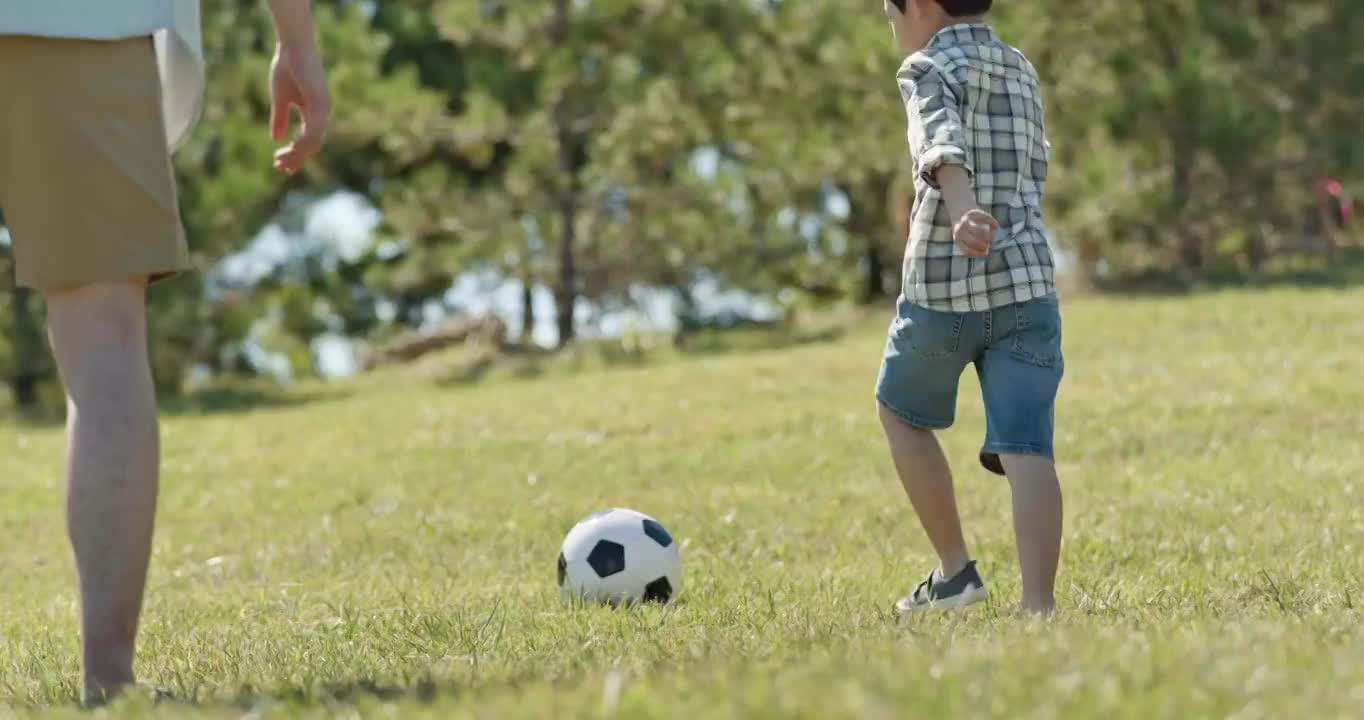 快乐的父子俩在草地上踢足球视频素材