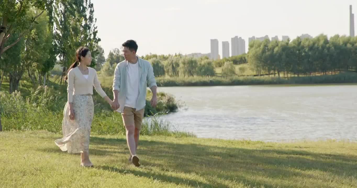 快乐的年轻情侣手牵手在草地上散步视频素材