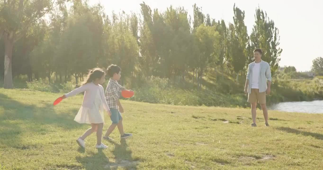 快乐的年轻家庭在草地上嬉戏视频购买