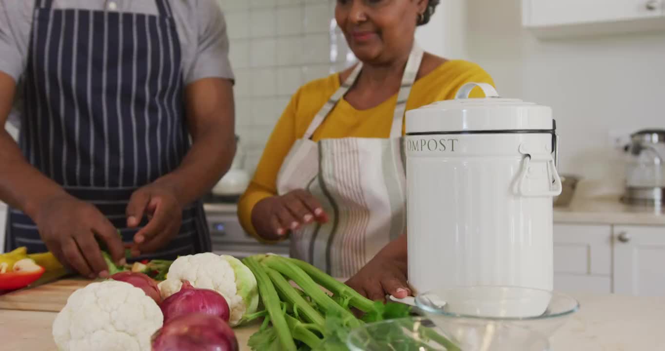 非裔美国老年夫妇把切碎的蔬菜放进家里厨房的午餐盒里视频下载