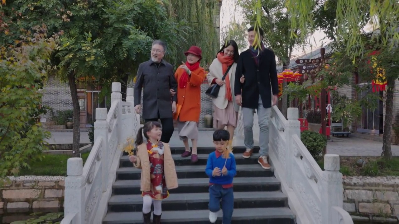 胡同里逛街的幸福六口之家视频素材