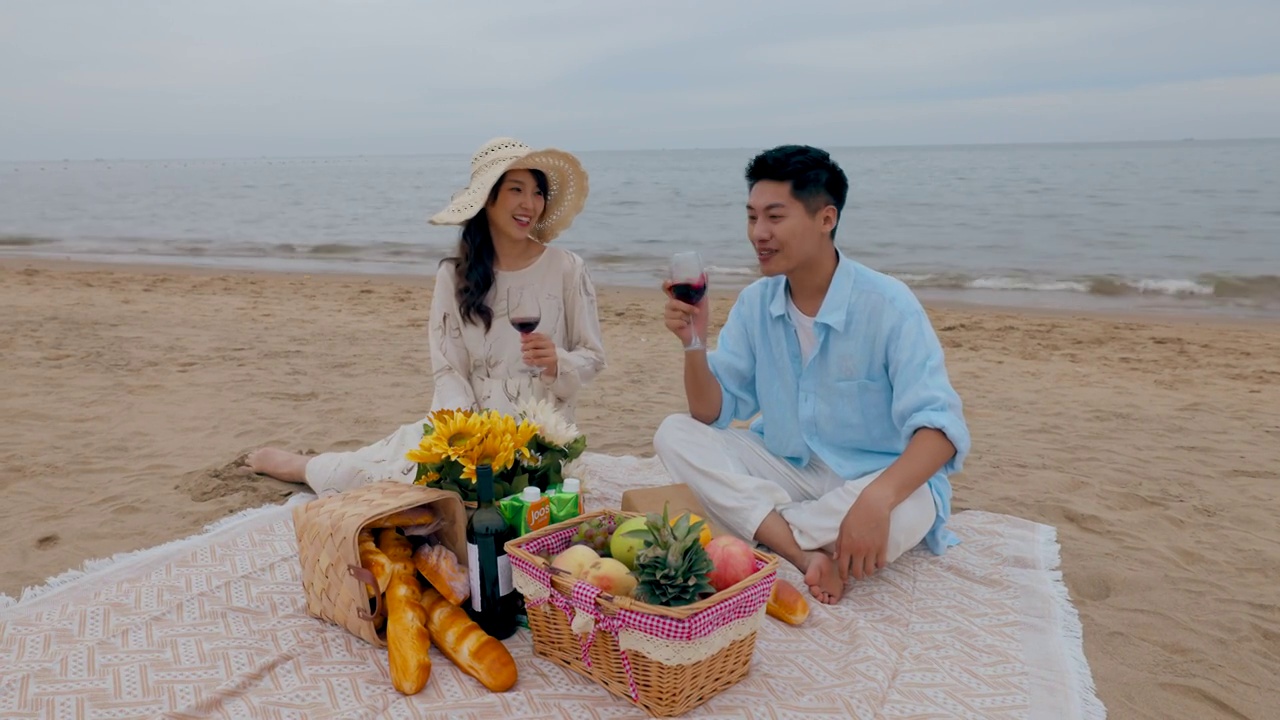 浪漫的青年夫妇在海边度假视频素材