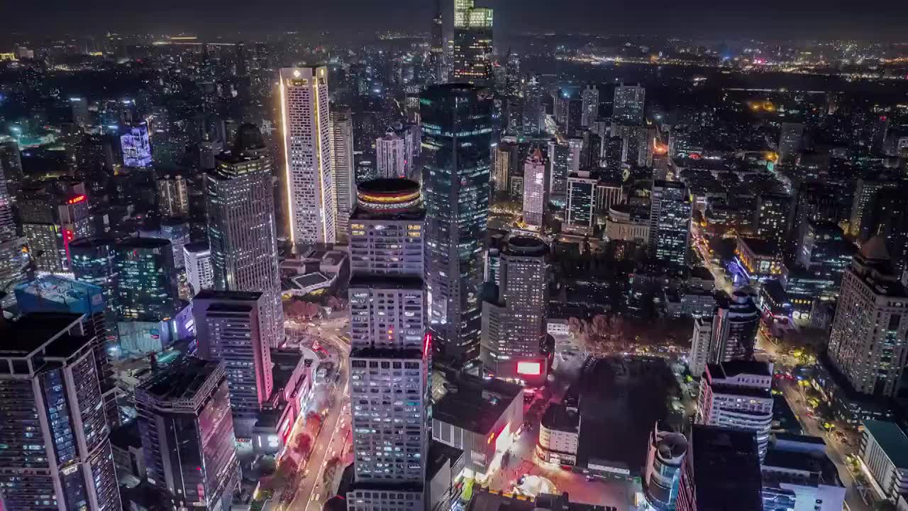 航拍南京新街口夜景城市延时视频下载