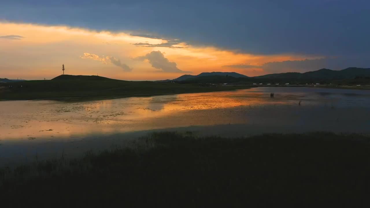内蒙乌兰布统草原航拍-湖面倒影向前视频素材