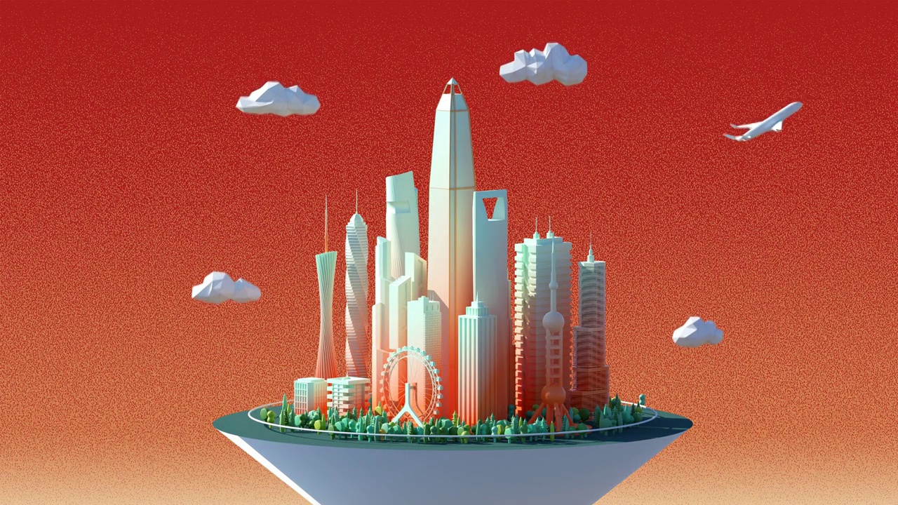 3D漂浮城市建筑主体low-poly动画视频素材