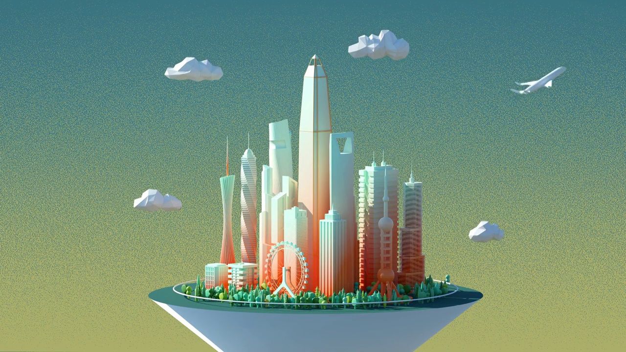 3D漂浮城市建筑主体low-poly动画视频下载