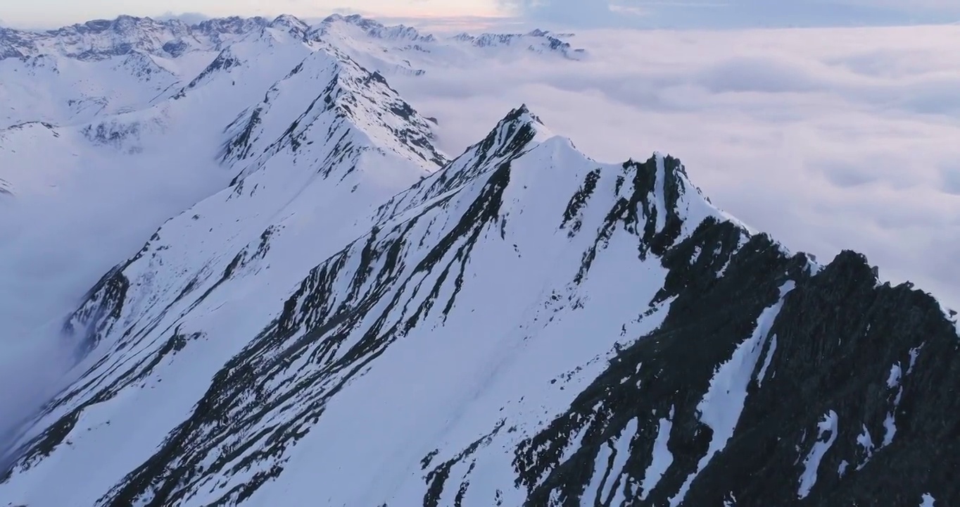 无人驾驶飞机飞越山峰，落基山脉脚下漂浮着一片云海。中国四川四姑娘山附近雪山景观的空中镜头视频下载