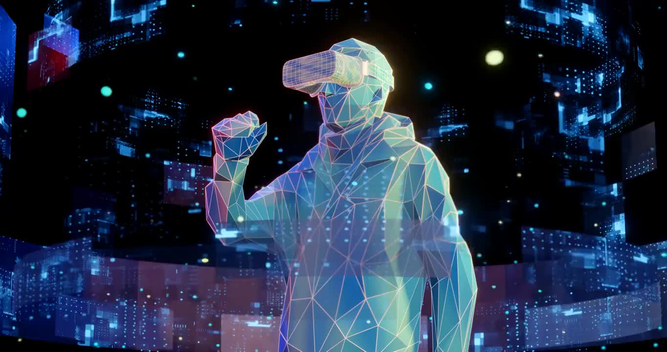3D赛博朋克风格元宇宙主题戴VR眼镜的人动画视频视频购买