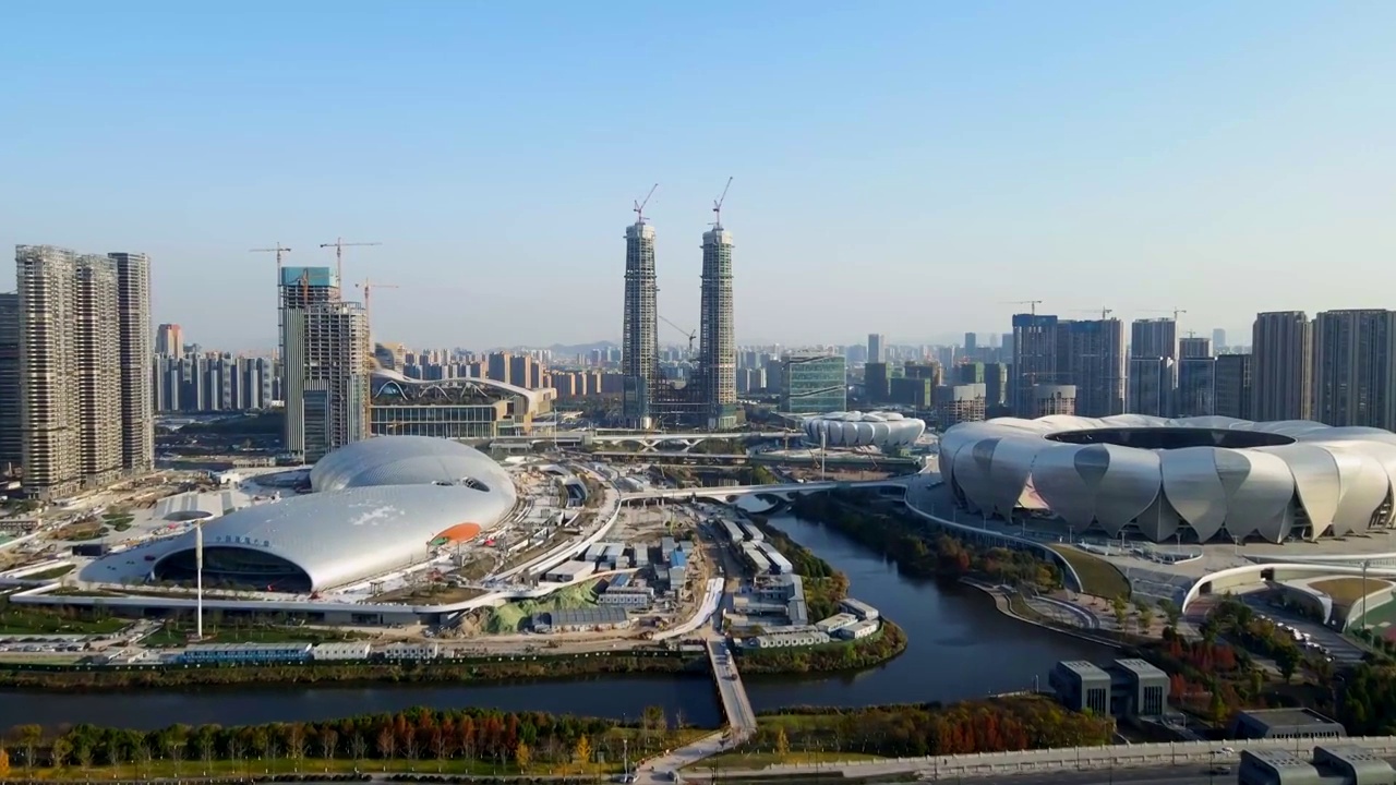 航拍杭州城市建筑天际线视频素材