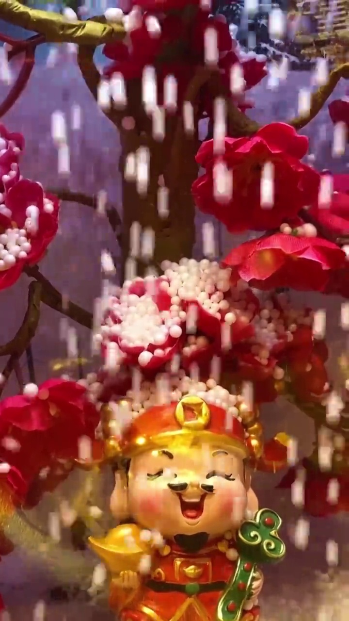 冬天下雪天腊梅树前财神和男童女童春节装饰物视频素材