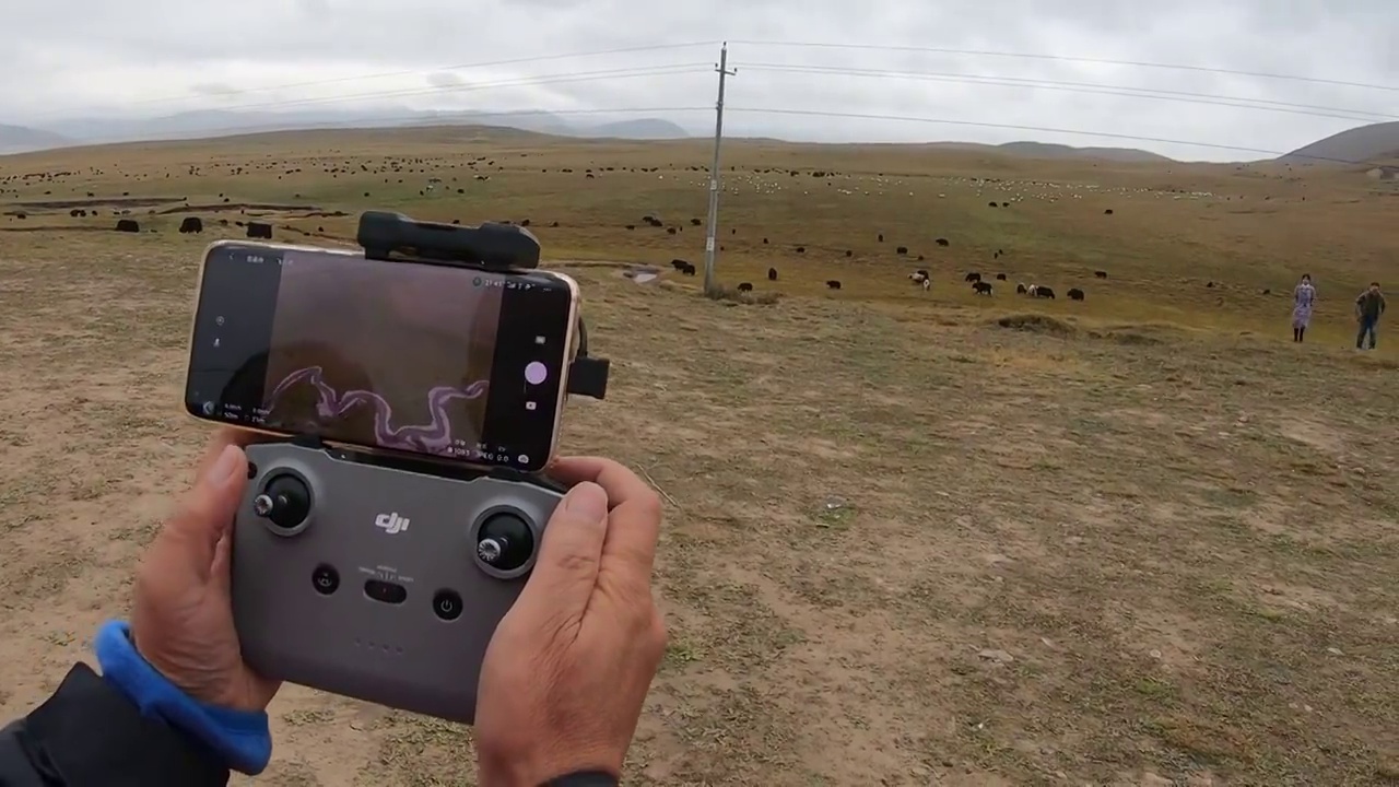 科技摄影设备：在甘南草原上放无人机拍摄风光视频素材