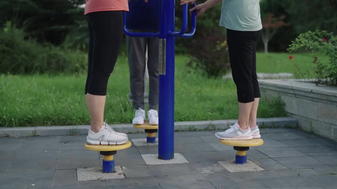老年闺蜜在公园一起健身视频下载