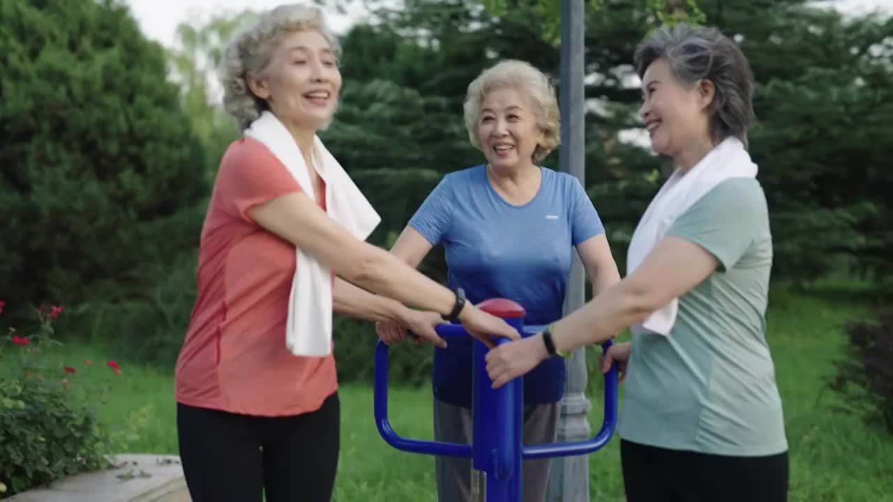 老年闺蜜在公园一起健身视频素材