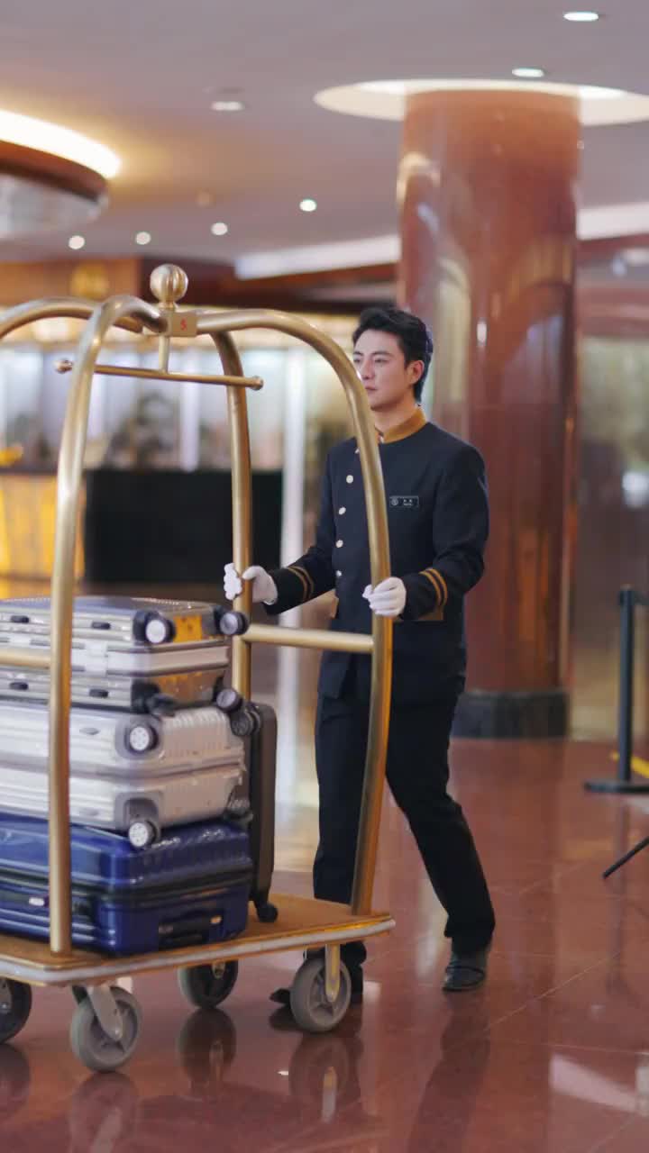 酒店服务人员推着行李车视频素材