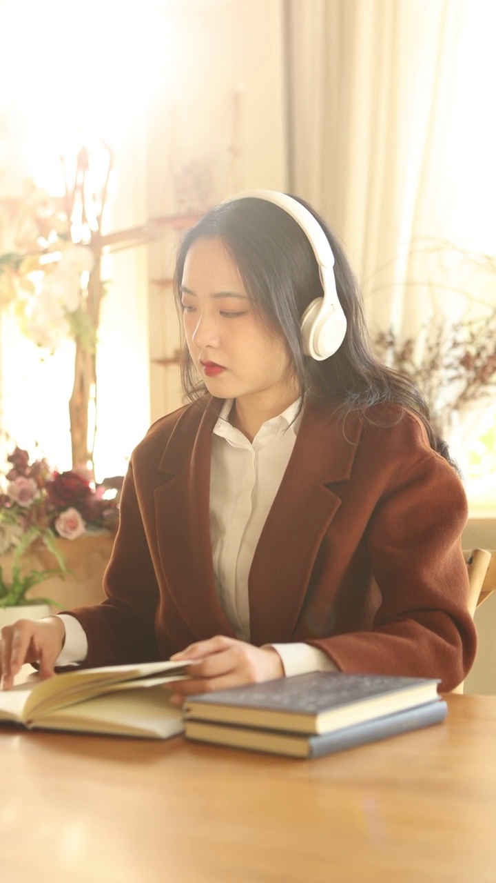 一个亚洲女性在室内带着耳机看书视频素材
