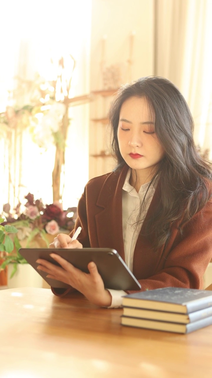 一个亚洲美女在咖啡馆使用平板电脑视频素材