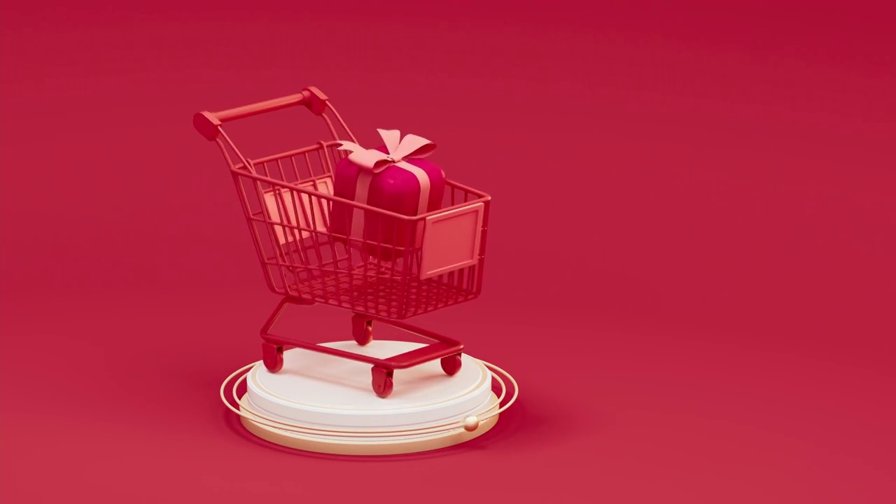 循环旋转的购物车与礼物3D渲染视频素材