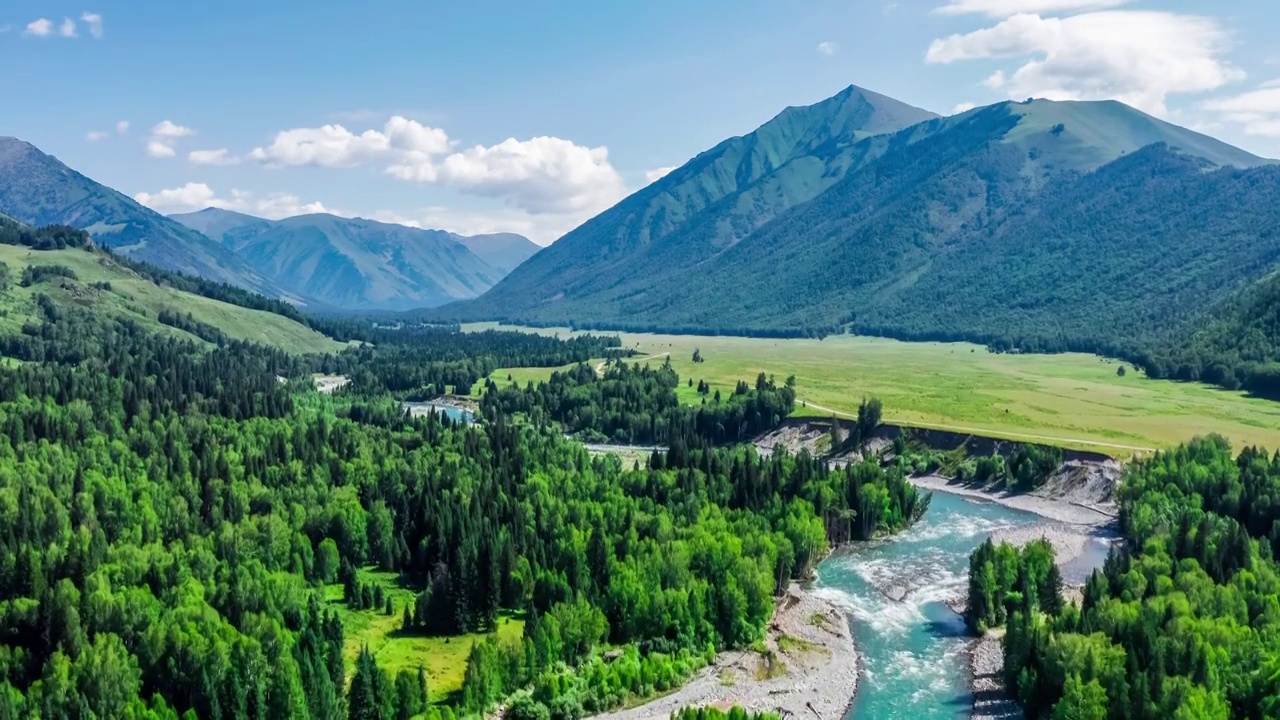 航拍河流和绿色的森林自然风光在新疆喀纳斯视频下载