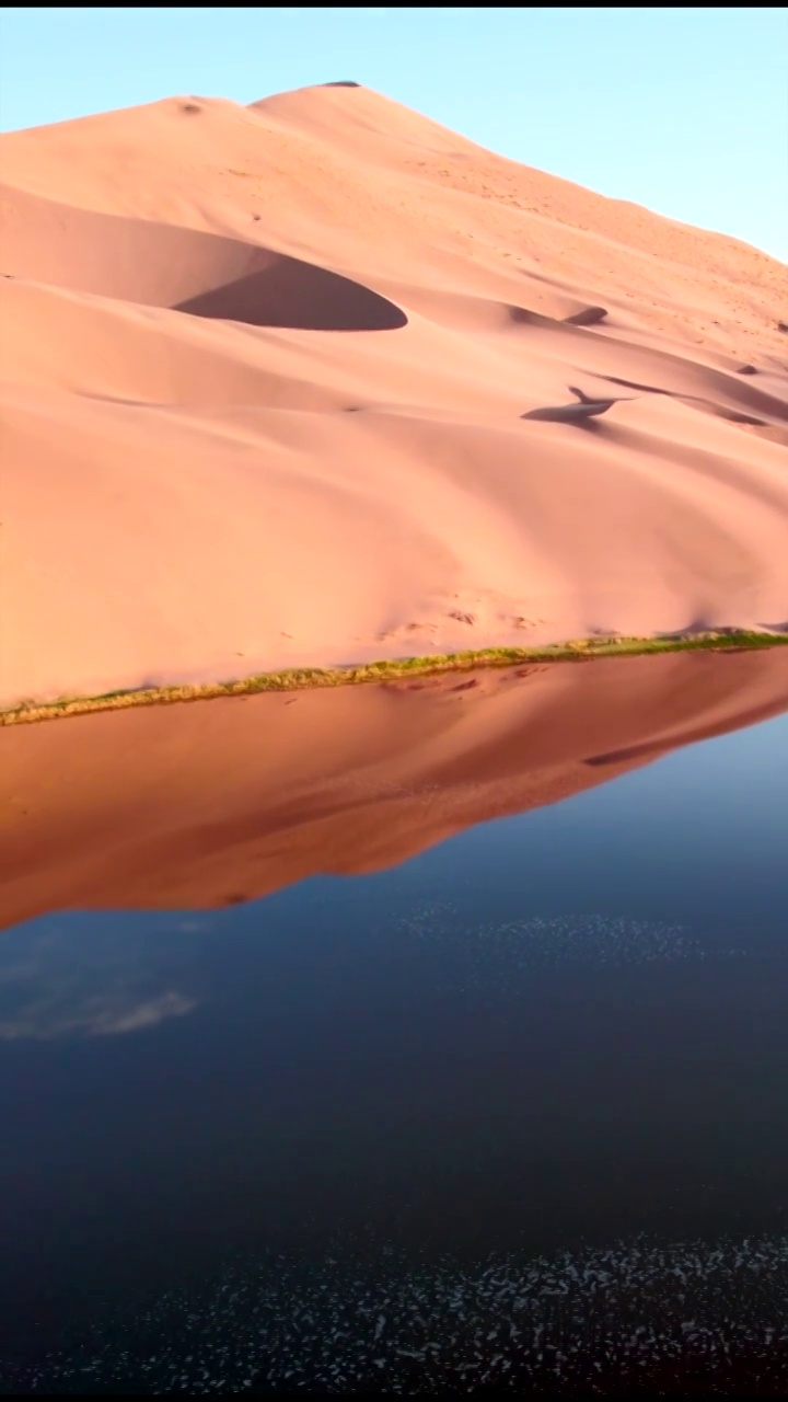 中国西部内蒙古阿拉善巴丹吉林沙漠里的盐湖湖泊视频素材