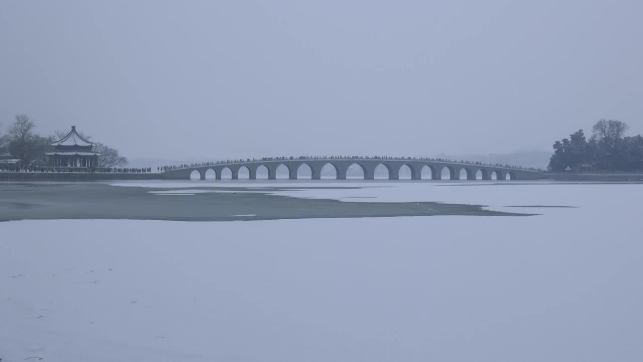 下雪天的颐和园十七孔桥视频素材