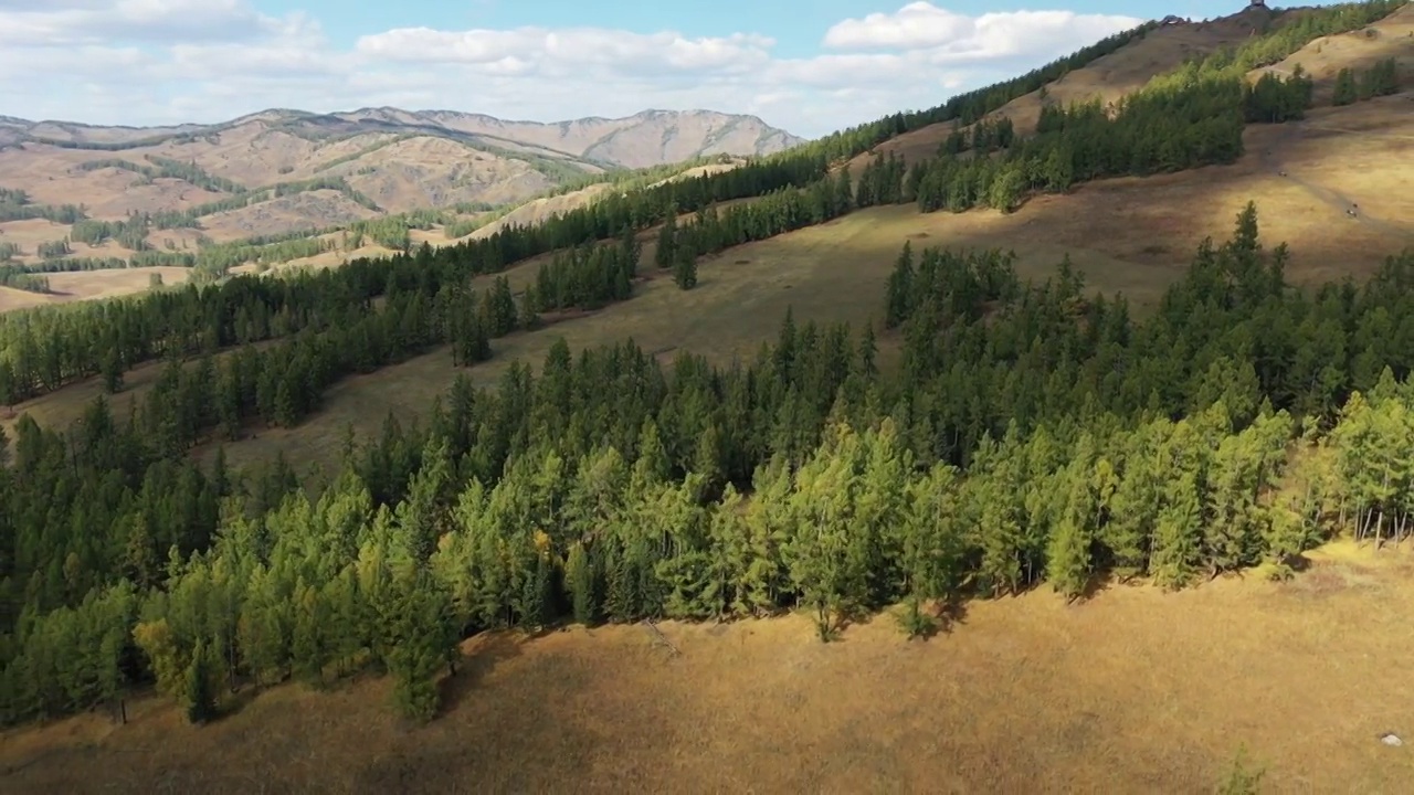 新疆阿勒泰喀纳斯风景区高山草甸树林山坡秋天的自然风光视频素材