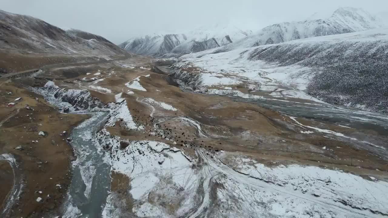 青海果洛州玛沁县阿尼玛卿山区雪山乡冬季高原乡村自然风光视频素材