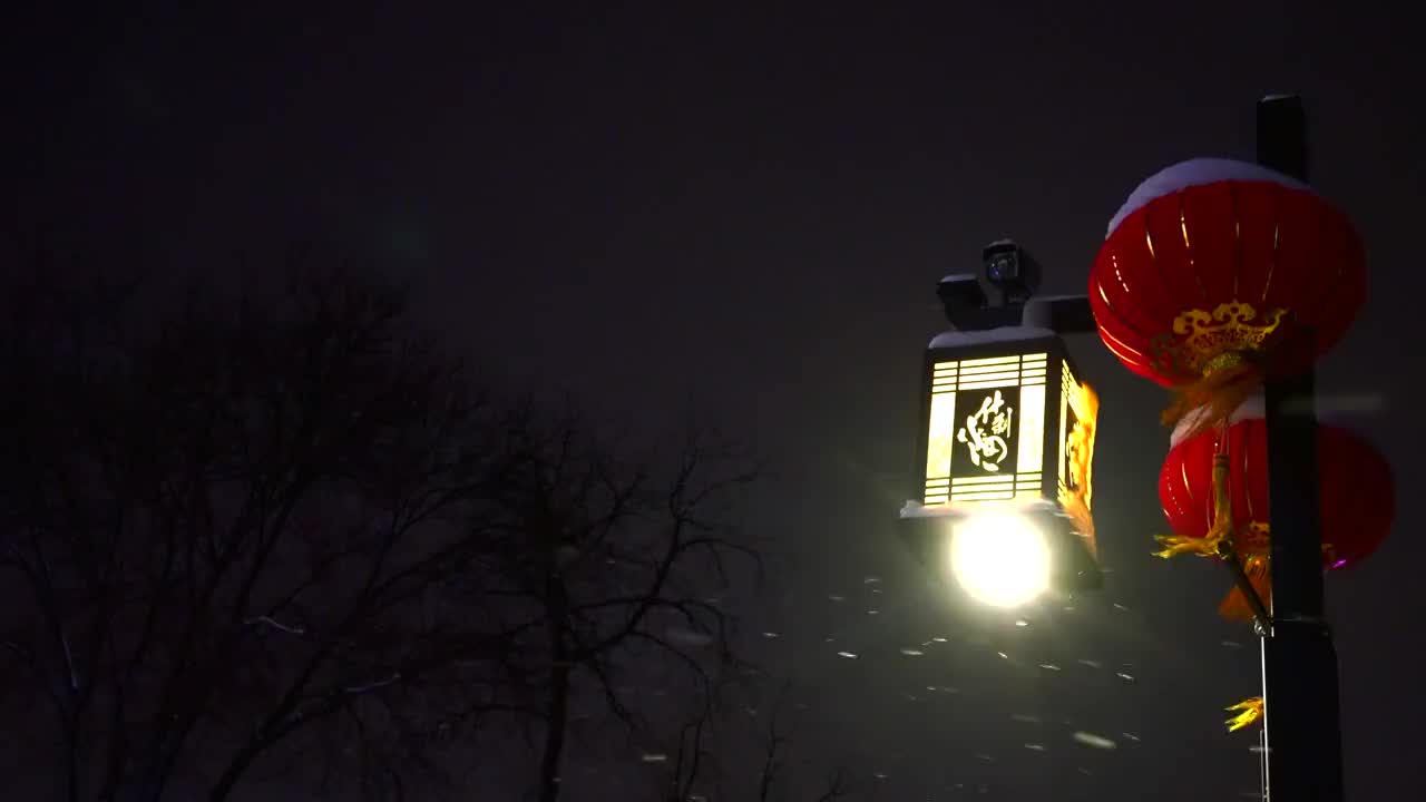冬季北京后海路灯灯笼雪花视频素材