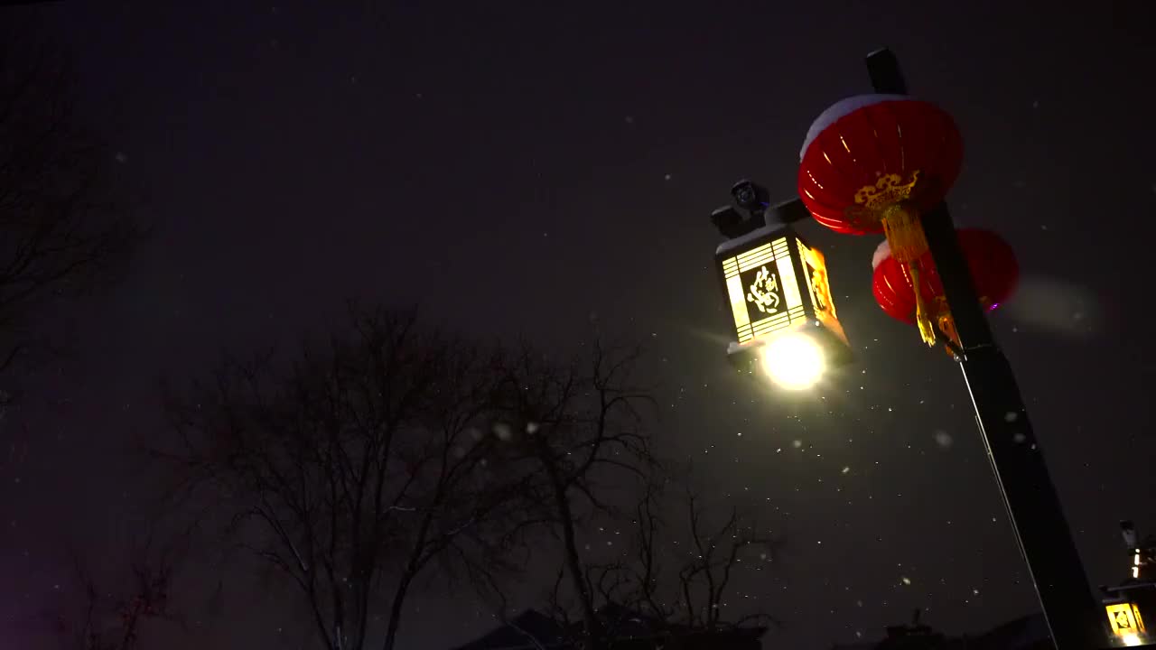 冬季北京后海路灯灯笼雪花视频素材