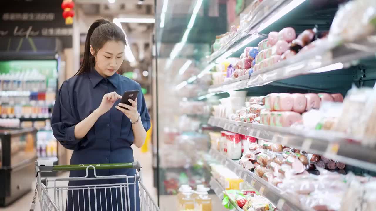 年轻女子在超市里购物使用手机视频素材