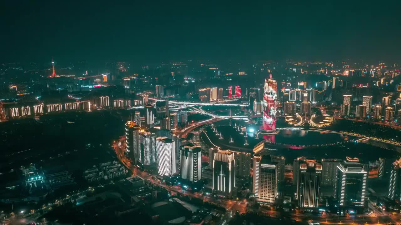 郑州如意湖cbd夜景航拍延时摄影视频下载