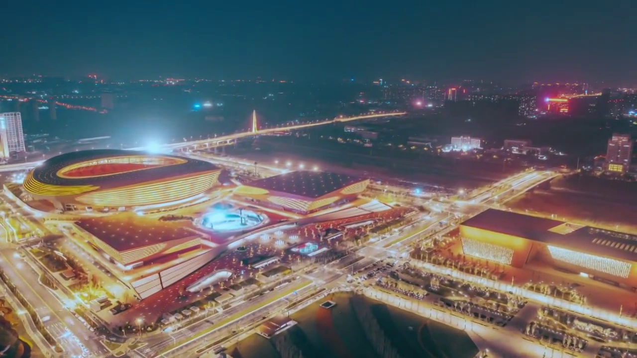 郑州奥体中心夜景航拍延时摄影视频素材