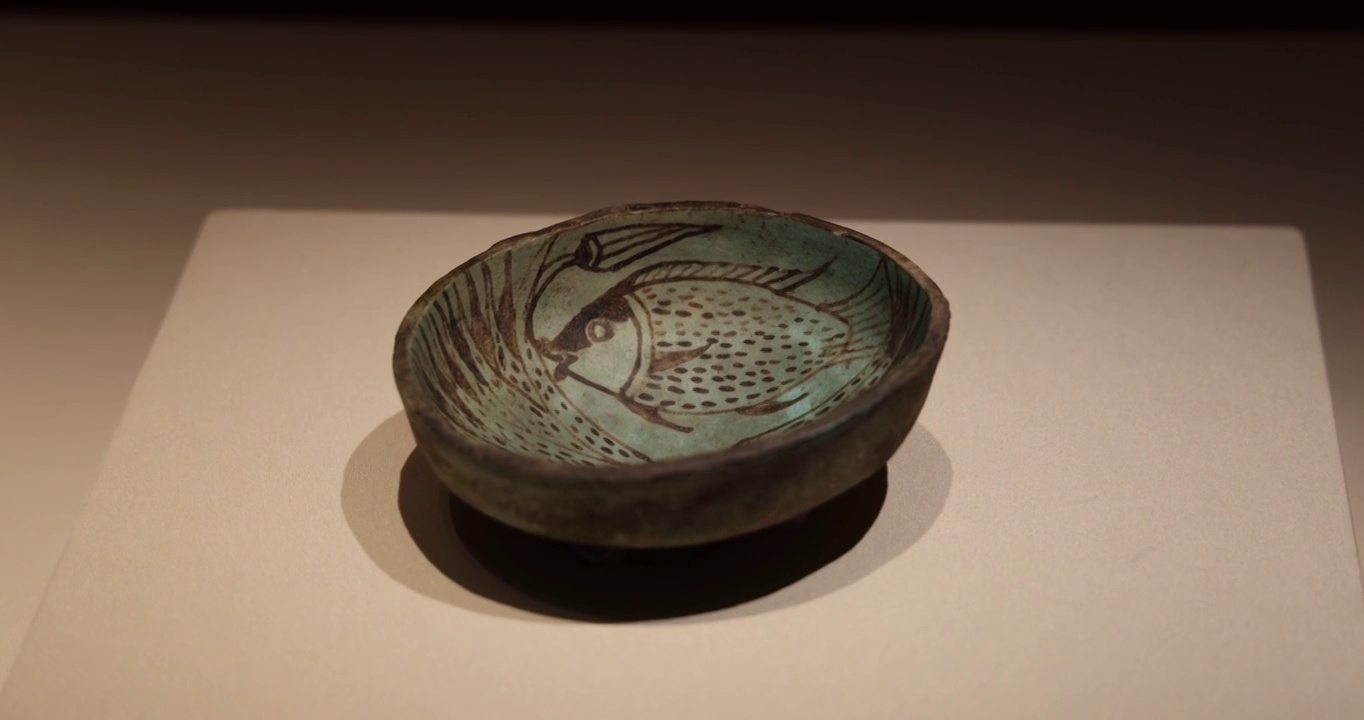 叙利亚大马士革国家博物馆：莲花鱼纹釉陶盘（BC1600-1200 ）视频素材