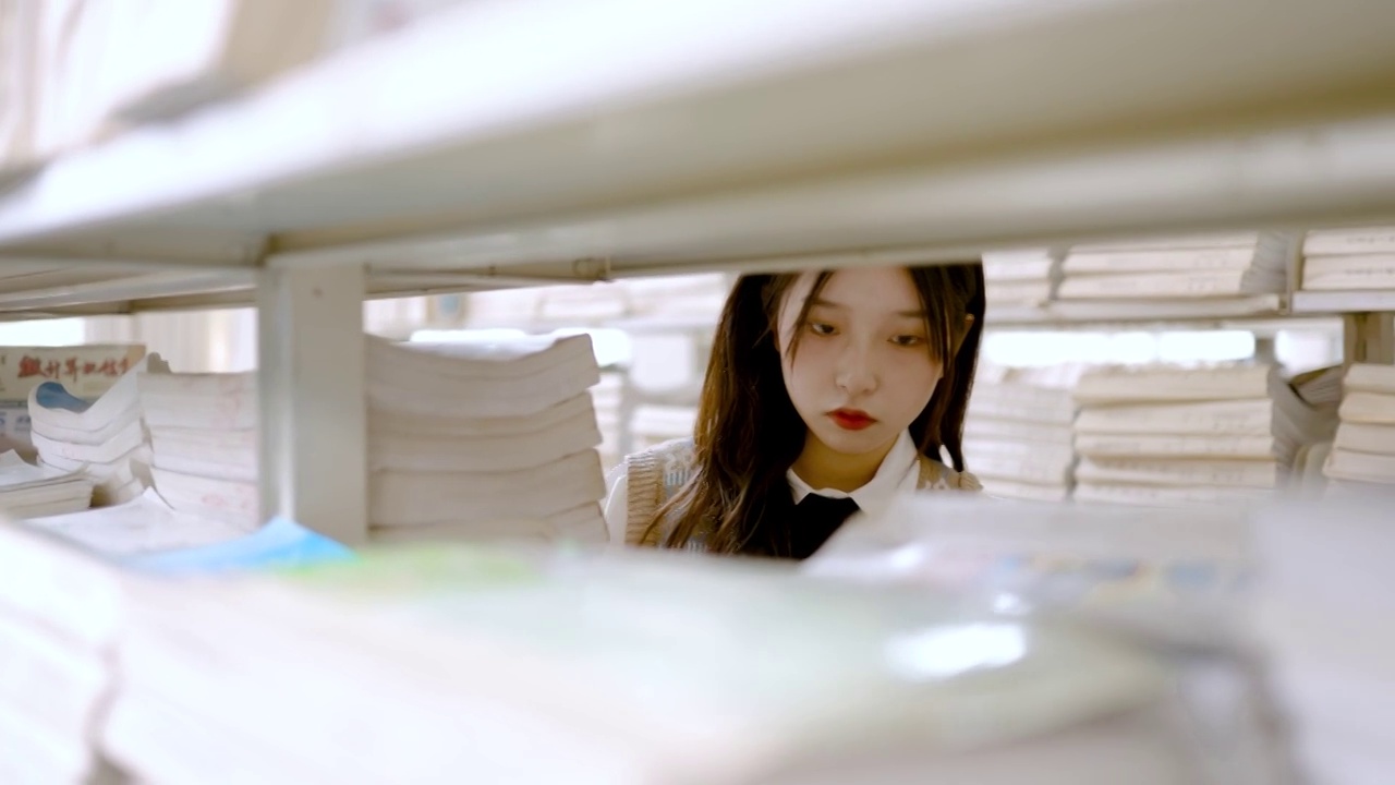 一个中国大学生美女在图书馆寻找书籍视频下载