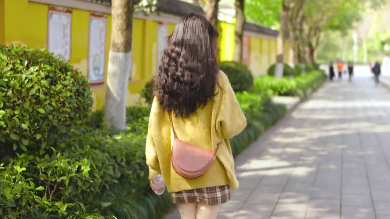 一个中国年轻女性再公园行走视频素材