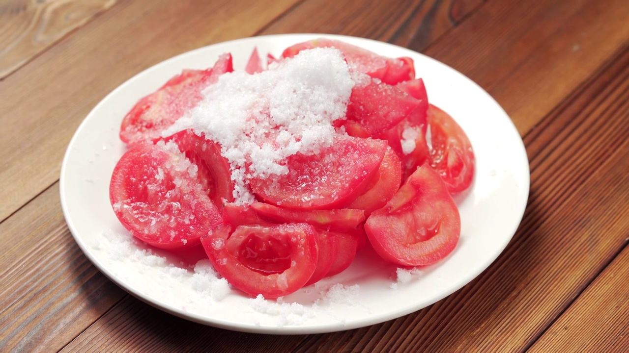 简单家庭甜品凉菜西红柿拌白糖视频素材