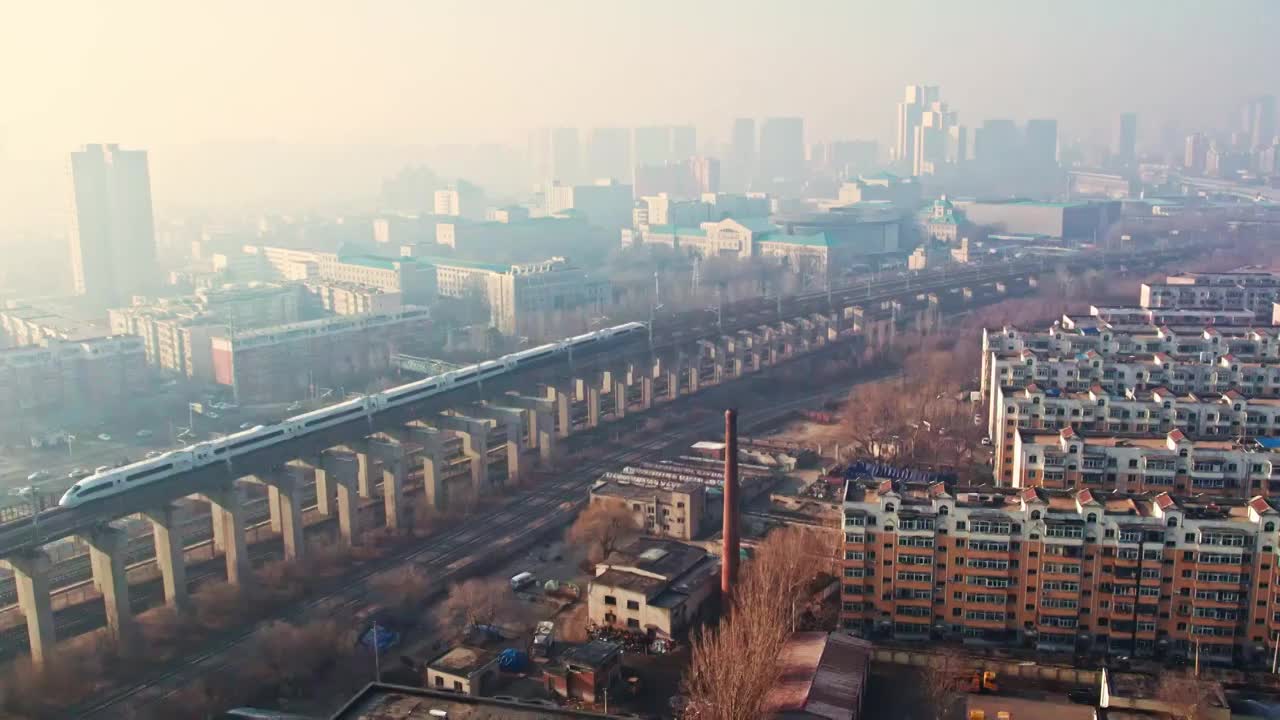 辽宁沈阳城市交通日出马路与高铁航拍视频购买