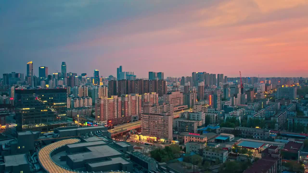 中国东北辽宁沈阳城市风景夜景晚霞航拍视频素材