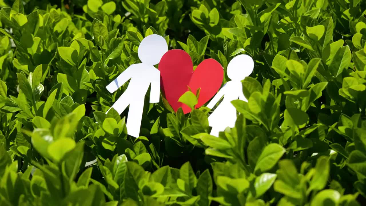 绿叶丛中情侣家庭纸人爱情亲情视频素材