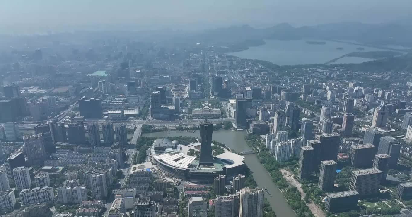 航拍杭州地标建筑西湖文化广场环球中心白昼风光视频素材