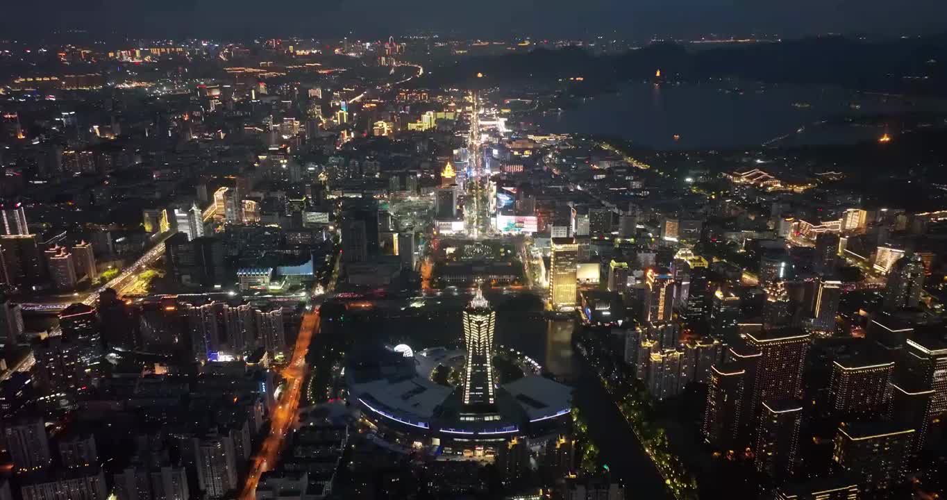 航拍杭州地标建筑西湖文化广场环球中心夜景视频素材